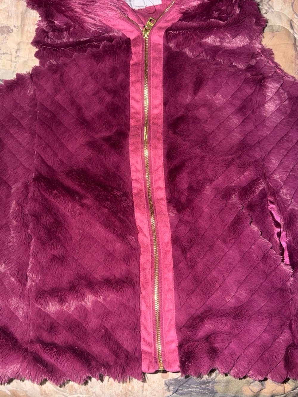 Marc New York Plush Faux-Fur Vest in Deep Magenta with Gold Zipper